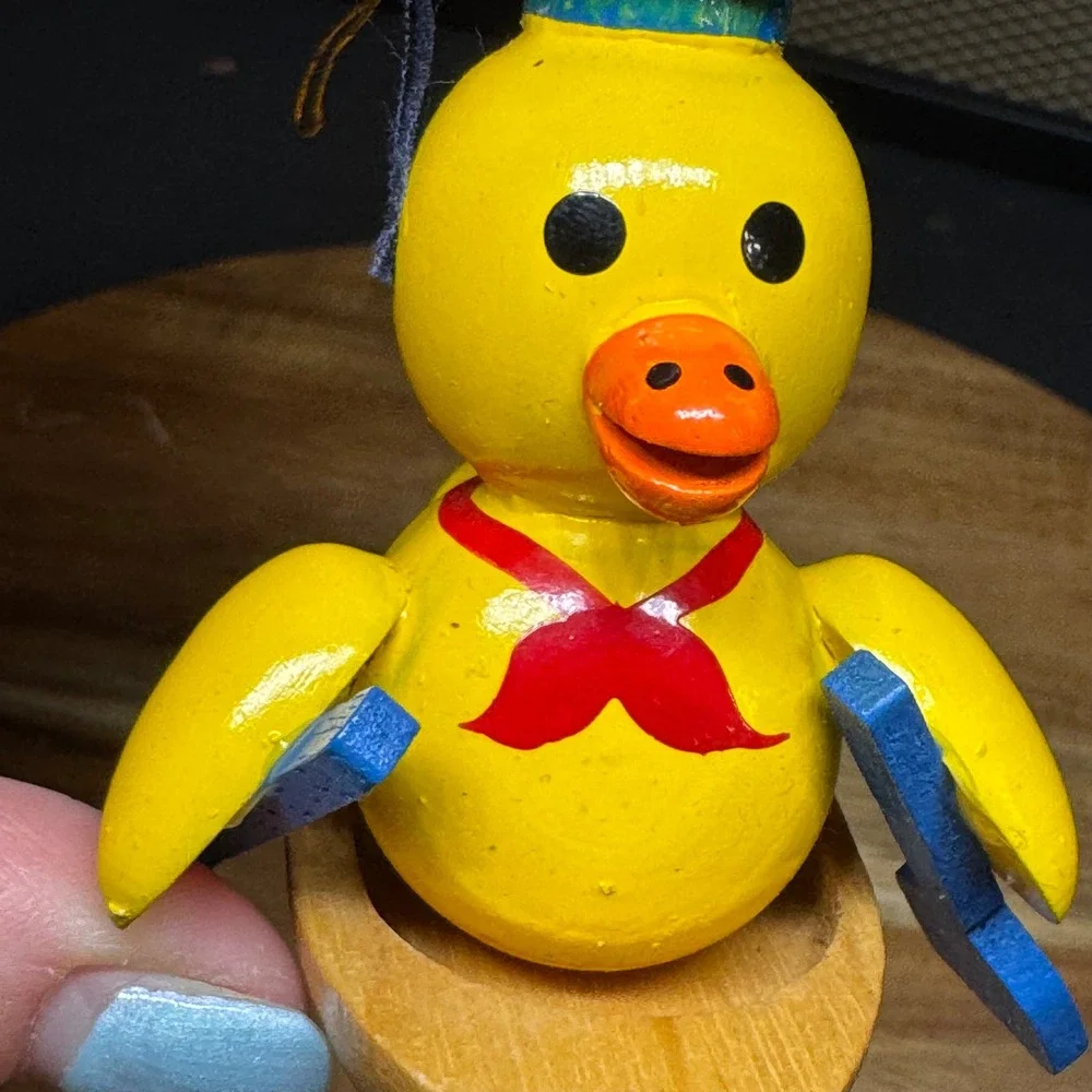Vintage Wooden Duck Sailor Ornament Rowing Boat Nautical Hand Painted Yellow Oar